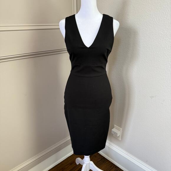 Bebe Black Deep V Sleeveless Mid Length Dress Sz 0 Double Zip Back Sexy Classic - Picture 2 of 6